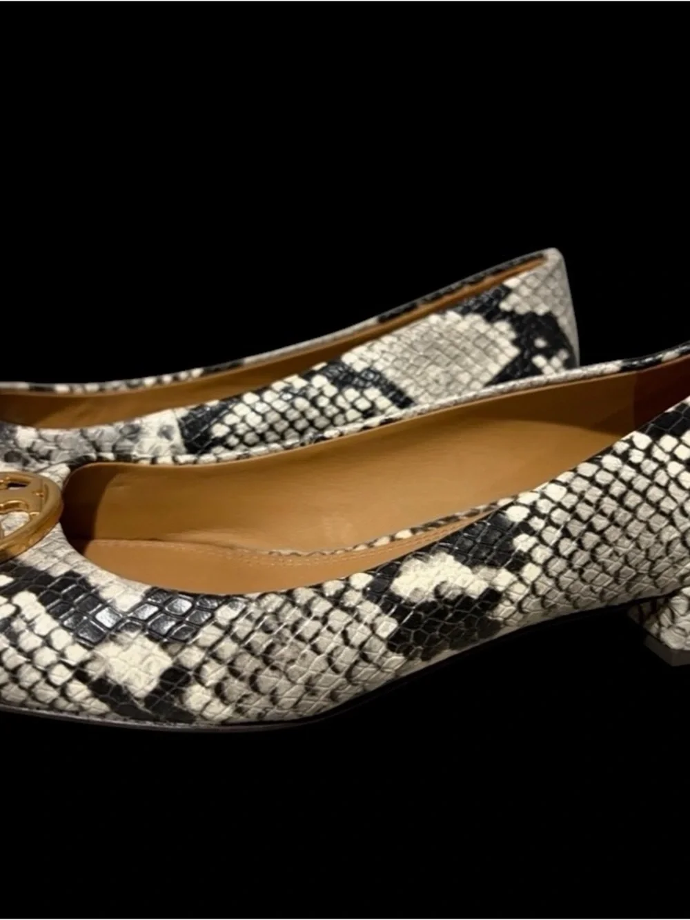 Tory Burch Chelsea Round-Toe Snakeskin-Embossed Leather Pumps.
